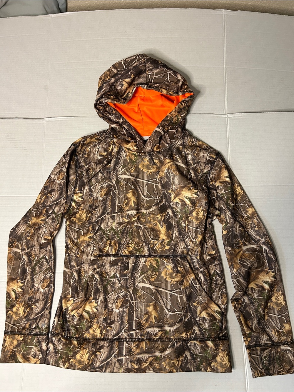North Point Boys M(10/12) Camo Hoodie with Blaze Orange Lining. Lightweight.